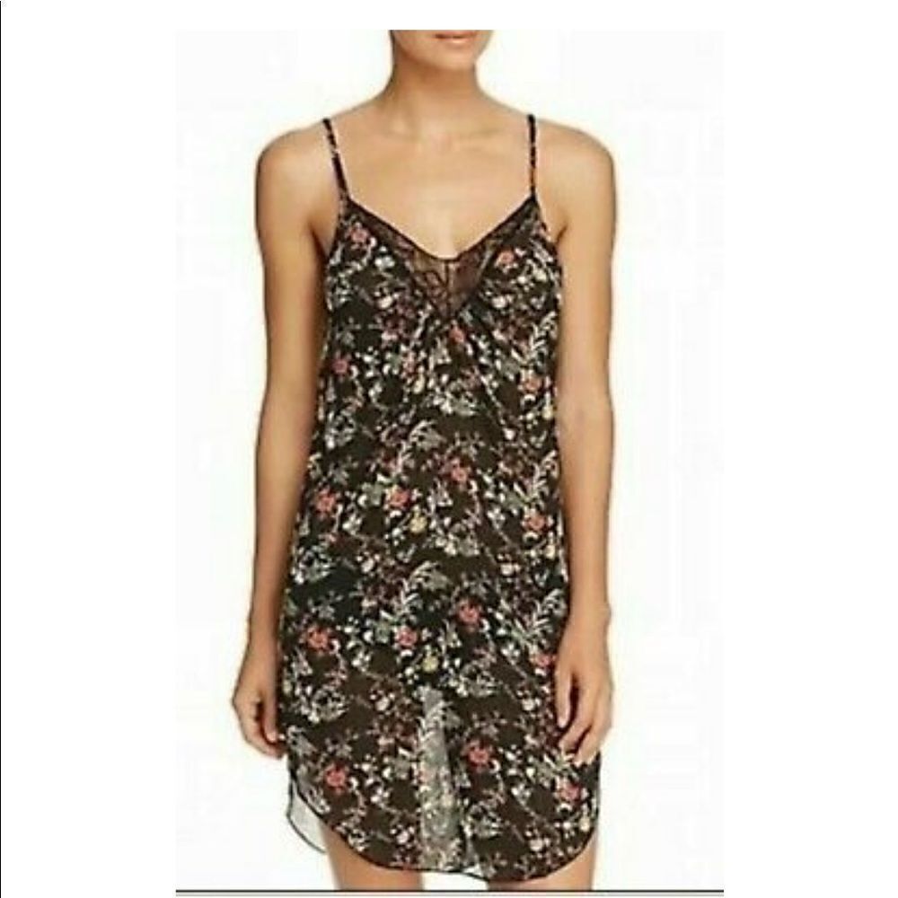 Womens Sam Edelman Black Floral Chemise Night Gown With Lace size small